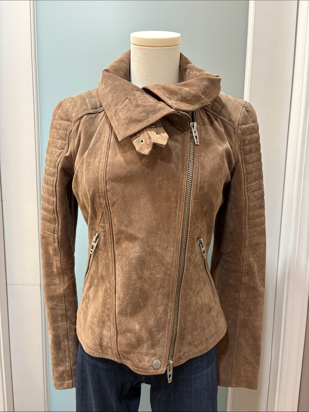 Blank NYC Suede Asymmetrical Zip Jacket in Brown